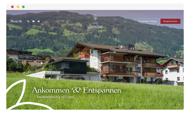 Startseite von Apart Denise mit Haus vor Bergpanorama im Browserfenster