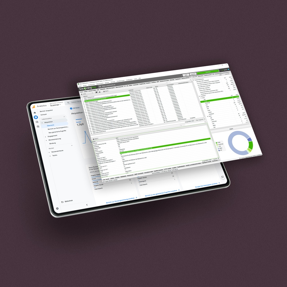 Tablet mit SEO-Auswertung: Ranking-Tabellen und Kreisdiagramm