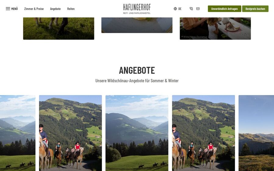 Haflingerhof: Abschnitt „Angebote" mit Aufnahmen von Ausritten in der Wildschönau