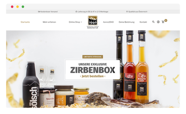 Onlineshop von ANNO1940 mit Zirbenbox-Aktion im Browserfenster
