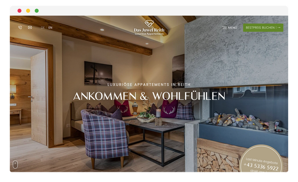 Startseite von Juwel Reith mit Appartement-Innenansicht im Browserfenster