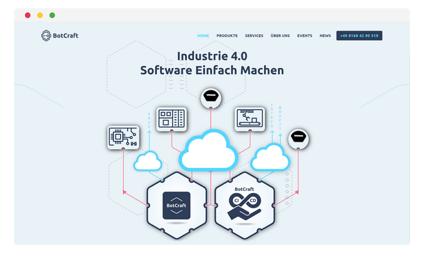 Startseite von BotCraft mit Industrie-4.0-Grafik im Browserfenster