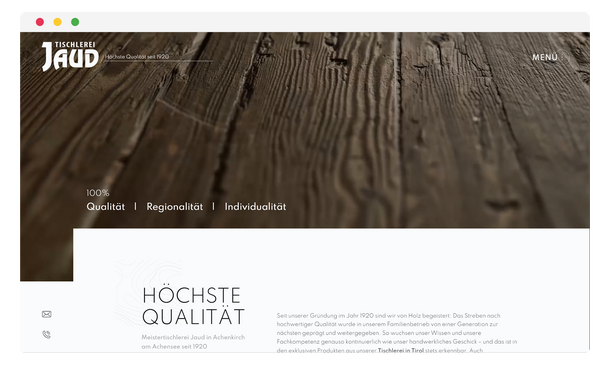 Startseite der Tischlerei Jaud mit Holzmaserung im Browserfenster