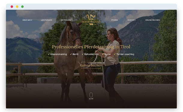 Startseite von VL Horsetraining mit Reiterin und Pferd im Browserfenster