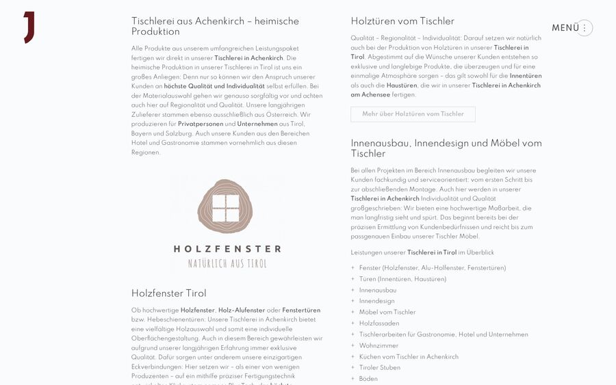 Textabschnitt der Tischlerei Jaud zu Holzarten und Fertigung