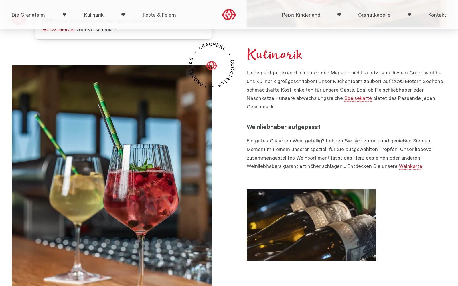 Kulinarik-Abschnitt der Granatalm mit Cocktails an der Bar