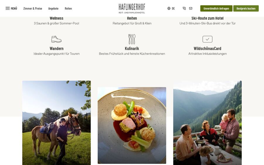 Haflingerhof: Überblick zu Wellness, Reiten, Wandern und Kulinarik mit Aufnahmen vom Ausritt und aus der Küche