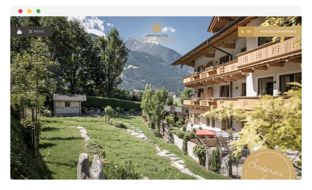 Startseite von Bergkristall mit Garten und Bergpanorama im Browserfenster