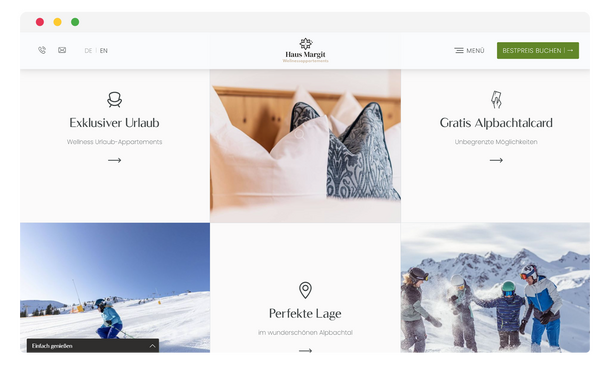 Startseite von Haus Margit mit Bildkacheln zu Urlaubsangeboten im Browserfenster