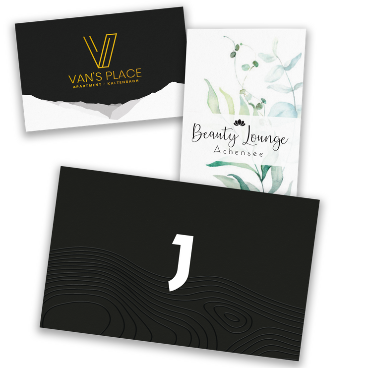 Visitenkarten für Van's Place, Beauty Lounge Achensee und Tischlerei Jaud