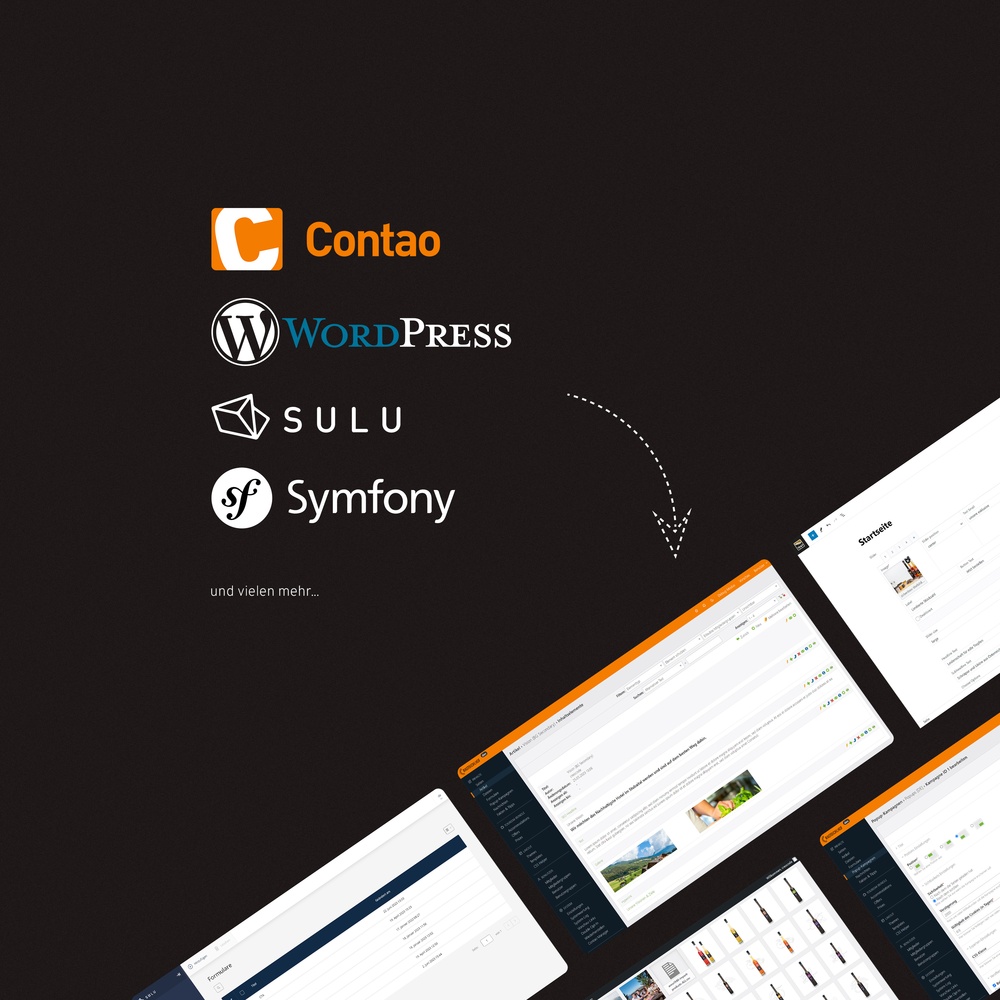 Logos von Contao, WordPress, Sulu und Symfony neben CMS-Backend-Ansichten