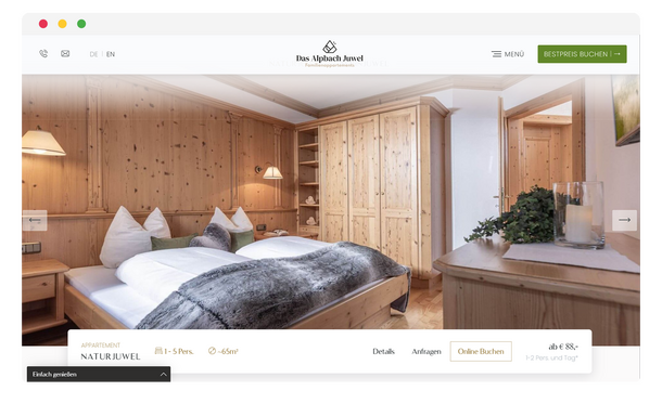 Startseite von Haus Alpbach Juwel mit Zimmeransicht im Browserfenster