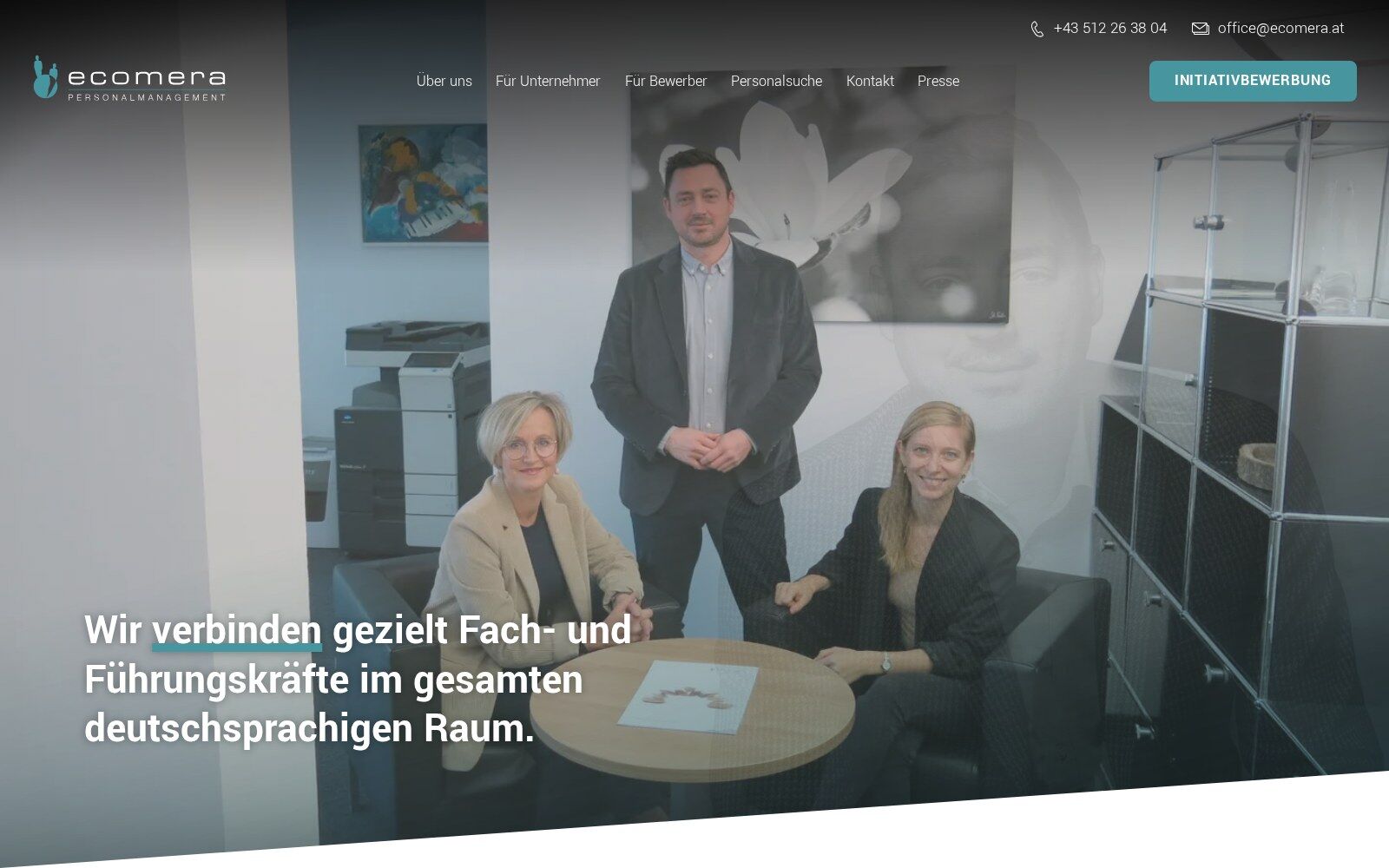 Startseite von Ecomera mit Beratungsteam und Claim zur Personalvermittlung