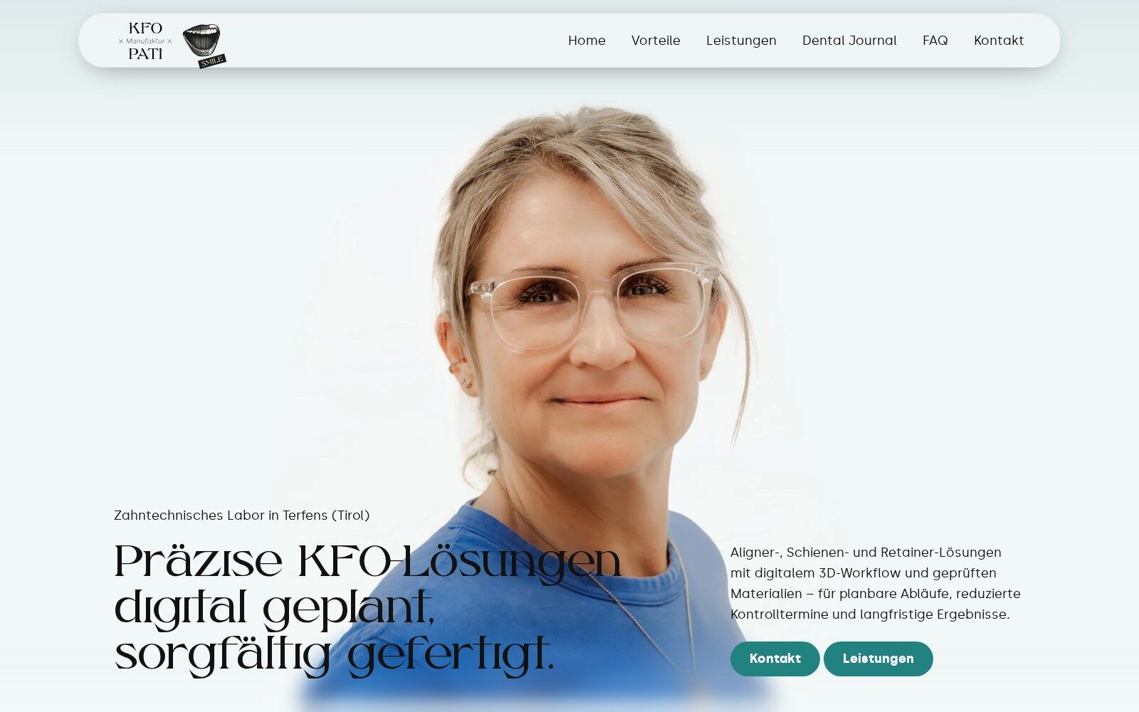 Startseite der KFO Manufaktur mit Porträtfoto und Leistungsübersicht