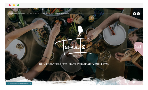 Startseite des Rooftop-Restaurants Tweets in Ramsau im Zillertal im Browserfenster