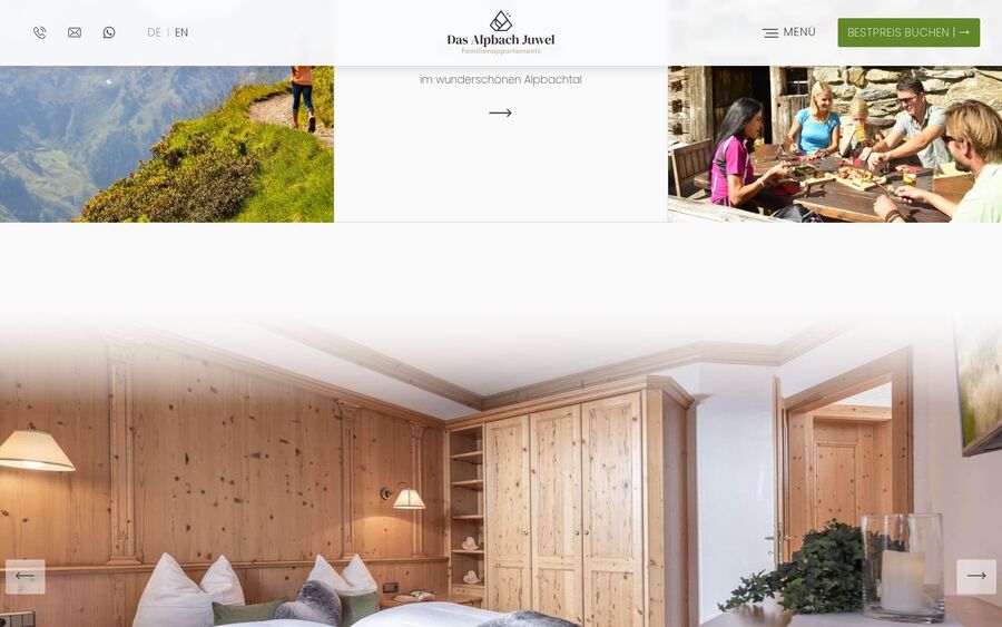 Das Alpbach Juwel: Schlafzimmer in Holzoptik, darüber Aufnahmen von Wanderung und Familientisch