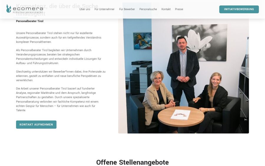 Ecomera: Bereich Personalvermittlung mit Teamfotos und offenen Stellenangeboten