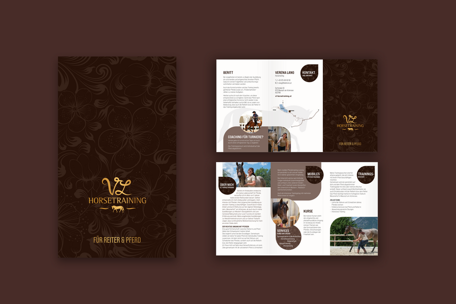 Falzflyer von VL Horsetraining, Titel und aufgeschlagene Innenseiten